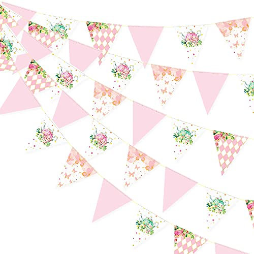 Spring Tea Party Decorations Bunting Banner Pink Gold Butterfly Teapot Teacup Floral Flower Plaid Paper Triangle Flags Pennant for Tea Party Spring Birthday Baby Shower Wedding Bridal Engagement Decor