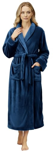 NY Threads Premium Women's Robe Plush Soft Long Bathrobe Warm Fleece Shawl Collar Spa Robe (Large, Navy)