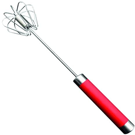 SUL Stainless Steel Balloon Whisk, Egg Whisk, Semi Automatic Rotating Push Mixer Stirrer for Whisking, Blending and Beating, Stirring (Size 12inch) (Red)