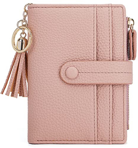 HKCLUF Portafoglio Piccolo da Donna, Porta Carte Blocco RFID Portamonete Pelle con Nappa Portafogli Cerniera Molti Scomparti(B04-Rosa)