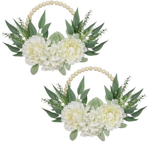 Oairse 2pcs Artificial Flowers Wreath Spring Summer Floral Wreath Wood Beads Wreath with White Peony Hydrangea, Green Eucalyptus Leaves for Front Door Window Wall Farmhouse Decor