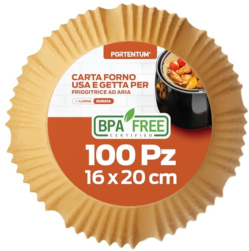PORTENTUM Air fryer bakpapper – 100 stycken gratis BPA Food-Grade 16 x 20 cm, för oljefri fritös 3 till 4,5 liter - perfekt för hälsosam matlagning