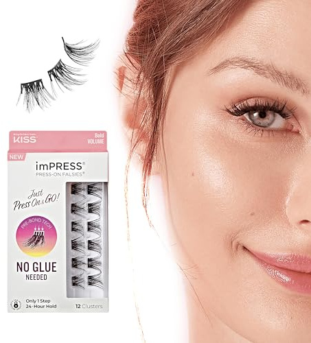 KISS imPRESS Ciglia Finte Press-On Bold Volume. Ciglia a Ciuffetti Effetto Extension, Naturali e Senza Colla, Applicazione Facile con Biadesivo Invisibile, Sistema Fai-da-Te