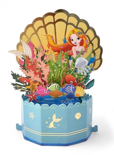 ZYOOO® Cartes pop up 3D Sirène avec enveloppe,Cartes de vœux d'anniversaire pour Sous la mer Filles Décoration d'anniversaire Thème de fête Cartes