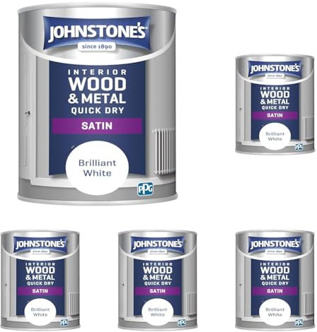 Johnstone's - Quick Dry Satin - Brilliant White - Satin Finish - Water Based - Interior Wood & Metal - Radiator Paint - Low Odour - Dry in 1-2 Hours - 12m2 Coverage per Litre - 0.75 L (Pack of 5)