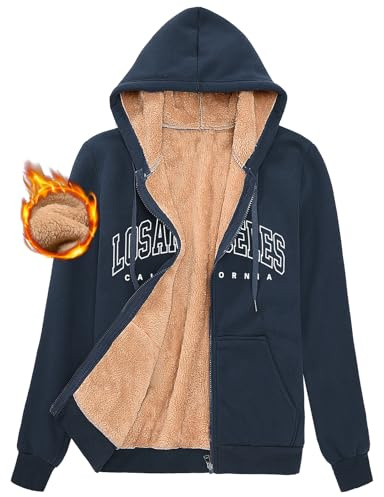 UMIPUBO Dam Vinterhuvtröja Jacka Fleecefodrad Dragkedja Sweatshirts Varm Långärmad Casual Los Angeles Hoodie Sweatshirt med Fickor Fleecejacka Dragkedja, Marin, XXL