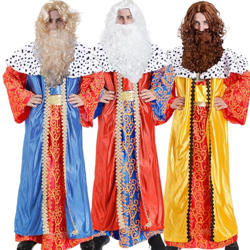 Carnavalife Disfraz Rey Mago hombre, disfraz de navidad para adulto hombre 3 pcs Traje de 3 Piezas con Capa, Túnica y Cinturón, disfraz rey mago adulto