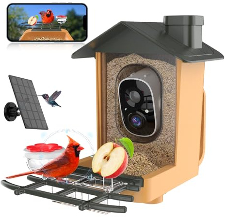 Comedero Pajaros con Cámara 2K HD AI identifica 10000+ Pájaros Solar Comedero Pajaros Exterior Notificación Instantánea Impermeable IP65 Almacenamiento en Nube Captura Automática Imagen/Videos