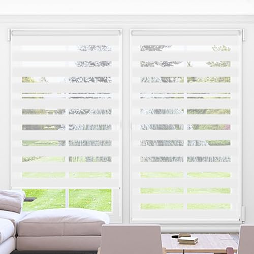 Kokorona Day and Night Blinds Zebra Roller Blinds for Windows, Dual Layer Fabric Zebra Blinds for Doors, Light Filtering Privacy Day Night Shades, 85cm Wide x 230cm Drop, White