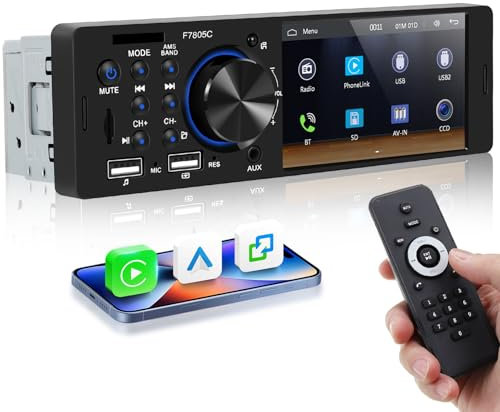 Hodozzy Single Din Car Stereo with CarPlay Android Auto, Car Radio with Bluetooth Handsfree, 4 Inch Touch Screen Car Audio MP5 Player Support FM/RDS Radio, EQ, Dual USB, TF, AUX, Fast Charging, SWC