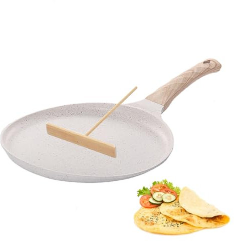 Non Stick Crepe Pan, Pancake Pan Induction Hob Crepe Pan 24cm with Wooden Batter Spreader, Cast Die-Cast Aluminum Pan with Non-Stick Coating for Fried Eggs, Steak, Bacon & Sausages -White