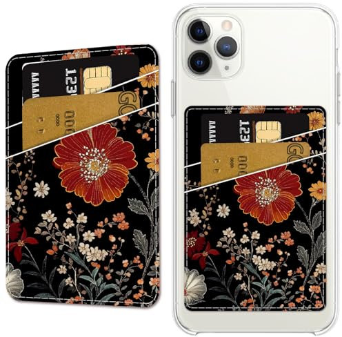 CREATCABIN Tarjetero de Piel con Diseño de Flores para Teléfono Móvil Adhesivo para Tarjetas de Crédito Adhesivo Doble para la Parte Trasera de la Funda Compatible con la Mayoría Teléfonos 6.5x9.5cm