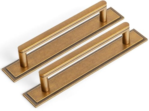Goo-Ki 2 Pack 5 Inch Antique Brass Cabinet Pull Handle with Milled Edge Backplate – Decorative Grooved Texture & Non-Slip Grip for Farmhouse/Industrial Cabinetry