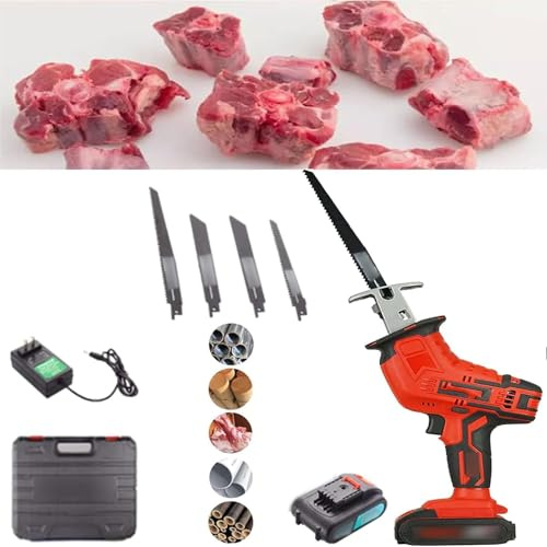 ZGHQHCDRH Led Bone Meat Cutter, Butcher Cutting Machine with Rechargeable Battery, 220V Electric Hand Saw Meat Cutter Kit with 5 Saw Blade,for Wood, Metal, Plastic, Bones(2 Battery)