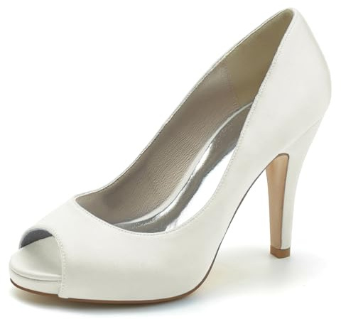 Gycdwjh 10cm Scarpe da Sposa Bridal Scarpe Slip On Tacchi Alti Plateau con Tacco Alto Tipo Raso Bocca di Pesce con Punta Aperta Stiletto Sandali,Avorio,36 EU