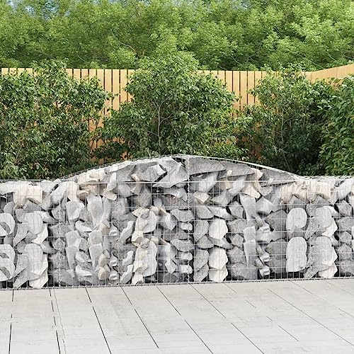 Gaviones con Arco Alto, 9 unidades, Muro de Gaviones de Piedra, Estructura de Hierro Galvanizado, Barrera Decorativa y Acústica, para Jardín, Terraza o Patio, Color Plateado, 400 x 50 x 80/100 cm