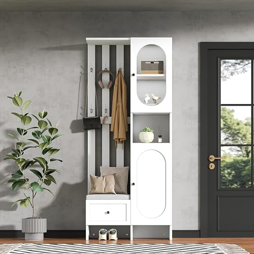 Kelodan Armario compacto 85 x 33,5 x 200 cm, muebles de hogar con 2 armarios, armario de almacenamiento de vidrio templado, juego de perchero, armario de entrada blanco, perchero con zapatero y