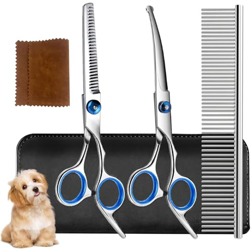 Soodyoow 5 Piece Dog Grooming Scissors Set Professional Stainless Steel Pet Hair Trimming Scissors with Safety Round Tips for Dogs Cats Home Use