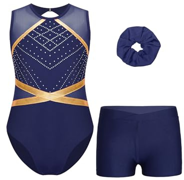 Yruioon Kinder Turnanzug Mädchen Gymnastikanzug Ballettanzug mit kurzer Hose Haarband A Marine Blau 146-152