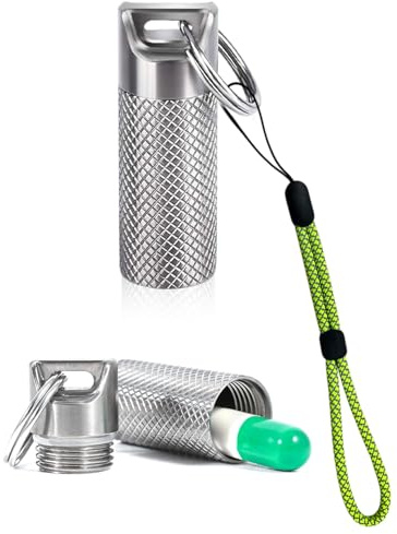 SCJJZ 1Pcs Portapillole Portachiavi, Pillole in Alluminio Pill Box, Mini Porta Pillole in Alluminio, Mini Portapillole Portatile, Con verde cordino, per Viaggi All'aperto(argento)