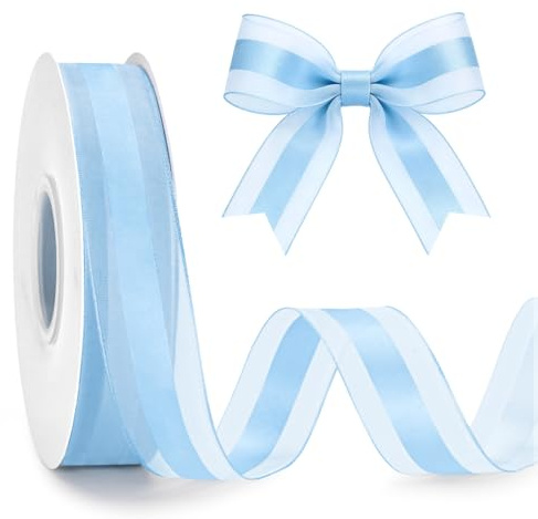 G2PLUS Nastro in organza Azzurro: 25mm x 50yarde (44m) – Nastro in organza trasparente per regali, matrimoni, decorazioni, artigianato, feste e imballaggi