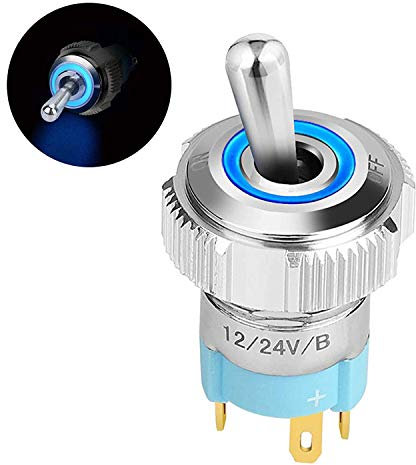 Gebildet SPST LED-Kippschalter, 12V-24V 16mm großer runder Wippschalter mit blau beleuchtetem, IP67 wasserdichtem elektrischen Kippschalter Silber Chrom Messing Metall für Auto Marine Dash Dashboard
