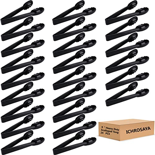 ICHROSAYA 24 Pieces Disposable Serving Tongs, 9 Heavy-Duty Plastic Utensils, BPA-Free, Scalloped Grip Salad Tongs, Perfect for Buffets, BBQ, Parties & Catering, Black