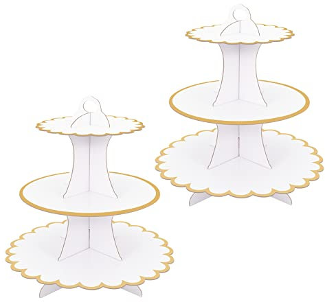 2 Pack White Cake Stand Cardboard Cupcake 3 Tier Cupcake Dessert Holder Cardboard Round Tower Cake Stands for Afternoon Tea 3 Tier Cake Stand for Birthday,Party,Baby Showers