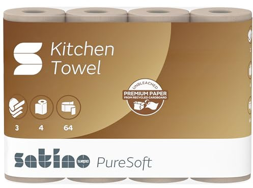 Satino PureSoft Küchentücher 3-lagig – extra saugstark & besonders umweltfreundlich dank 100% Recyclingpapier – Made in Germany – 100% recycelbar – Umfang: 4 Rollen / 64 Blatt je Küchenrolle