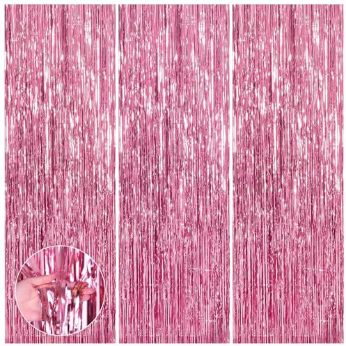 SYEYCW 3 Pièces 1m x 2.5m Rose Rideau Métallique de Frange, Rideaux à Franges Shimmer Tinsel Aluminium Brillants, pour Décoration Fête, Noël Party, Mariage, Anniversaire, Toile de Fond (Rose)