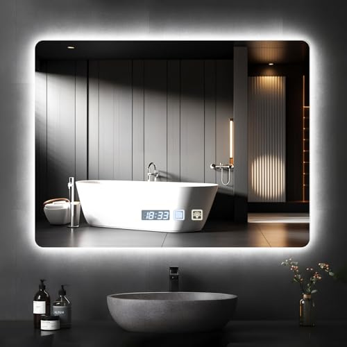 Bellanny Miroir de Salle de Bain avec Eclairage, Rectangle 80 x 60 CM, 3 Températures de Couleur, Dimmable, Réglage de L'heure, Miroir Décoratif Mural avec Tapis Anti-Buée