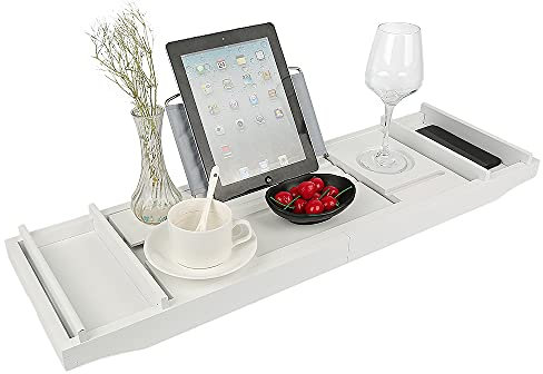 Plateau de Baignoire réglable, Pont de Baignoire 70-105cm Tablette de Plateau de Plateau de Bain en Acrylique, Support pour Livre/Tablette (Blanc)