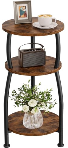 Yuede Small Round Side Table, 3-Tier End Table with Storage Shelf, Slim Coffee Table for Small Spaces, Industrial Sofa Table for Narrow Gaps in Living Room & Bedroom, Rustic Brown