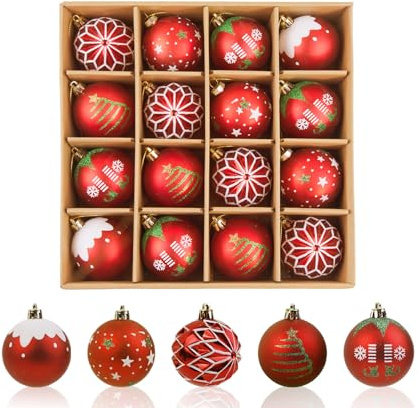 ilauke - Juego de 16 bolas de Navidad de plástico de 6 cm con 5 diseños únicos, bolas de árbol de Navidad de color rojo mate en estilo magia de elfos para fiestas, decoración del hogar, diseño de