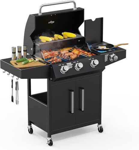 Outopee 3+1 Burner Propane Gas Barbecue Grill with Side Burner, Wheels
