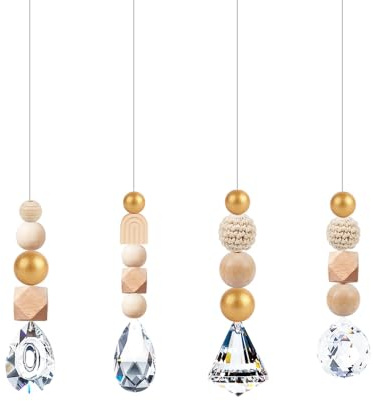 Lot de 4 perles en bois et cristal - Attrape-soleil fait à la main avec perles en bois et silicone et cristal - Décoration de fenêtre naturelle avec différentes perles en bois (EFGH)