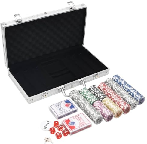 Kaloriko Pokerchips-set 300 st 11,5 g med aluminiumfodral, kortlek, kub och presentknapp för casino, Texas Holdem, Blackjack, Roulette, för att spela hemma eller festkväll fritid kul