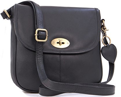 Gigi - Damen Leder Umhängetasche - Crossbody Bag Handtasche Mittelgroß - Verstellbarer Schultergurt - mit Herz Schlüsselring - OTHELLO 8755T - Schwarz