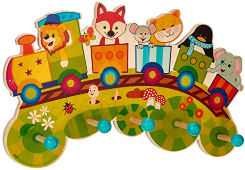 Hess Holzspielzeug 30296 - Garderobe aus Holz, Serie Eisenbahn, mit 5 Haken, für Kinder, ca. 37 x 23 x 6,5 cm groß, handgefertigt, als Blickfang in jedem Kinderzimmer und Flur