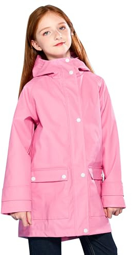 SOLOCOTE Giacca impermeabile con cappuccio e zaino in gomma foderato per bambini ideale per ragazze e ragazzi resistente all'acqua e al vento Fucsia 7-8 anni