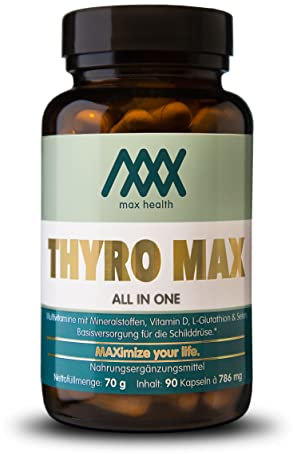 Thyro Max - 90 Kapseln Multivitamine mit Mineralstoffen, Vitamin D, L-Glutathion & Selen. Basisversorgung für die Schilddrüse