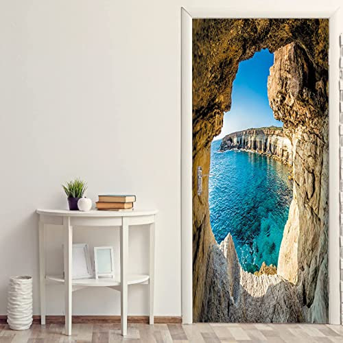 FLFK Adesivi per porte 3D Stacca e attacca 77x200cm(Set di 2 fogli) - Grotta Paesaggio marino Carta da parati autoadesiva per pareti e porte poster per la camera da letto