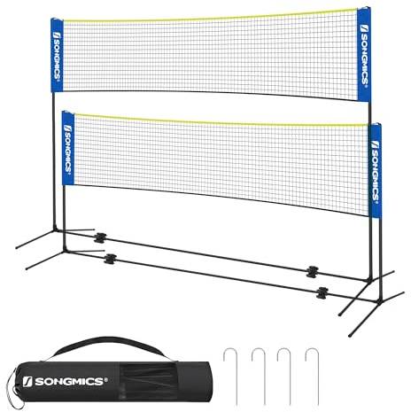 SONGMICS Red de bádminton de 4 m, Red de Voleibol, Poste de Altura Ajustable, Juego portátil para Tenis, Playa, Voleibol, jardín, Parque, Exterior, Azul y Amarillo SYQ400Q02