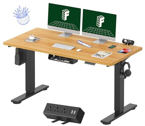 FLEXISPOT EN2 Whole-Piece Standing Desk with Clamp Power Strip, 55 x 28 Electric Stand Up Height Adjustable Desk with Cable Management (Black Frame + 55 Maple Top, 2 Packages)