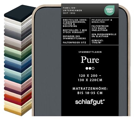 schlafgut Pure Spannbettlaken 95% Bio Baumwolle & 5% Elasthan Made in Green by Oeko TEX (120x200cm bis 130x220cm Matratzenhöhe von 18 bis 35 cm, Grey Deep)
