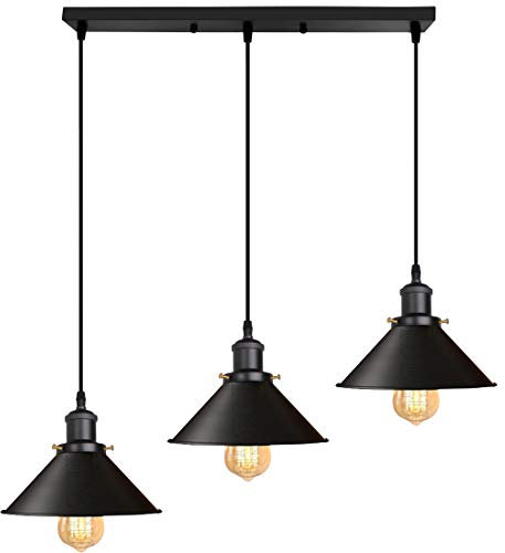 iDEGU 3 Luces Lámpara Colgante Industrial, 22cm Lámpara de Techo Vintage Diseño Edison Retro Tulipas de Metal Negro Lámparas de Araña E27 Iluminación de Techo Para Comedor, Cocina, Salón (Barra)