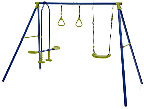 GOPLUS 3 en 1 Balançoire Extérieur avec Portique et Balançoire 3 Agrès Charge 200kg, Tape-Cul Suspendu, 2 Anneaux de Gymnastique, 177CM(H),pour Cour, Jardin, Parc