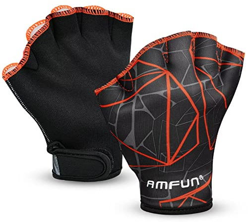 AMFUN Aquatic Gloves, Webbed Swimming Gloves, Water Training Paddle with Adjustable Wrist Strap, Adult Aquatic Fitnesster Water Resistance Training Accerssories for Diving Surfing Hand Men Women (M)