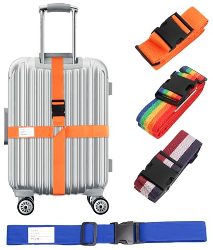 MXTIMWAN 4 Stück Koffergurt, 5 x 420 cm Kofferband Gurt mit Namensschild, rutschfest Einstellbare Kofferbänder, Kreuz Gepäckgurt für Gepäck, Reisetasche, Koffer