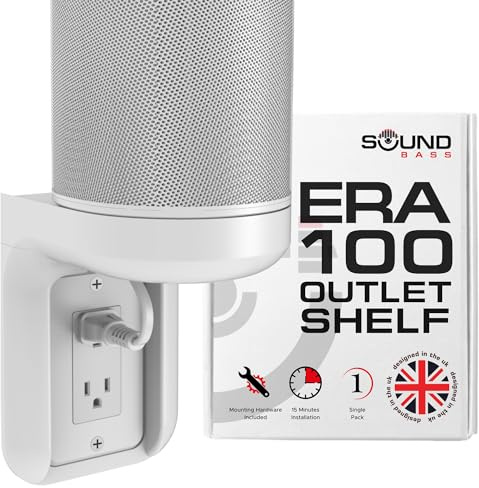 Sound Bass ERA100 Shelf Wall Outlet AC, White, Home, Compatible with Sonos ERA 100, Plug Mount Organizer, Bathroom, Kitchen, Bedrooms, Cord Management, Easy Installation, Mounting Kit Included